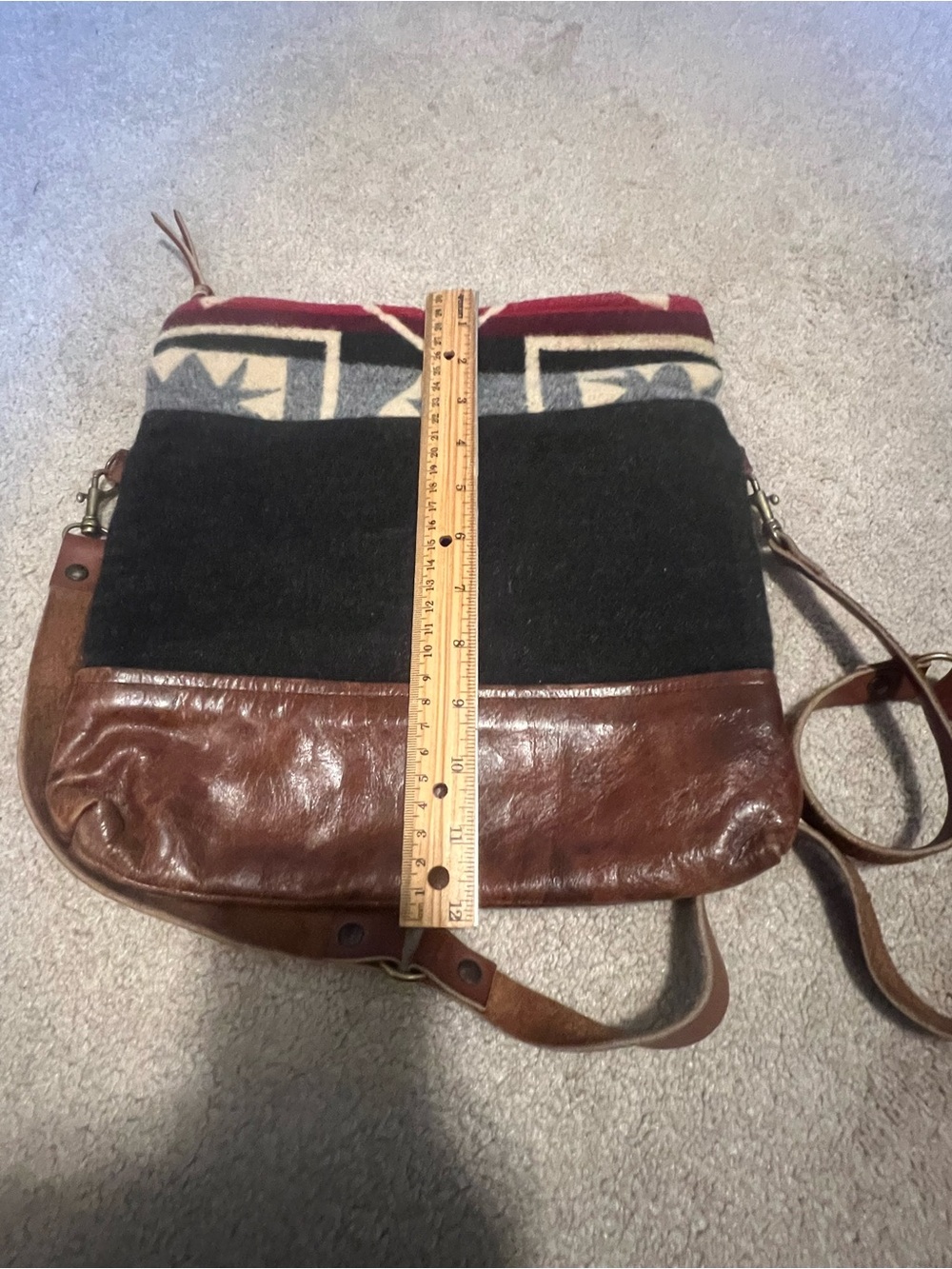 Nan Made Brown Leather & Black Wool Shoulder Bag with Red Pattern Accent